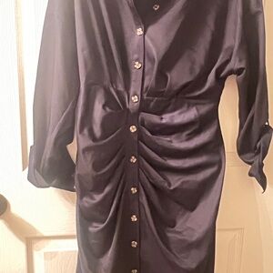 Satin Ruched Button-Front Dress in Deep Navy